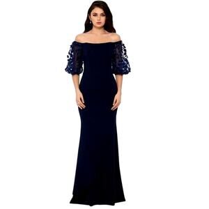 XSCAPE Off Shoulder Gown 18W Navy Floral Sleeve Mermaid Formal Dress NWT